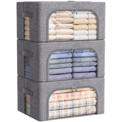 Lifewit 3 Piezas Cajas Almacenaje Ropa con Marco de Metal, Organizador Armario Apilable, Bolsas Almacenaje Ropa, Bolsas Para Guardar Ropa, Edredones, Colchas, Gris Claro, 25L
