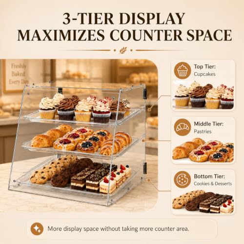 Image of WantJoin Pastry Display Case, 22-inch 2-Tier Countertop Display Case with Magnetic Doors & 3 Trays, Acrylic Commercial Food Display for Bakery, Bread, Dessert,