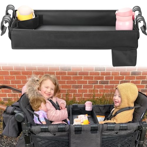 Image of Upgraded Stroller Snack Tray for Wonderfold Wagon W2 Series - Kids Toy Placement - Faux Leather Sides - Easy to Clean - Deeper Cup Holder - Reinforced Sides
