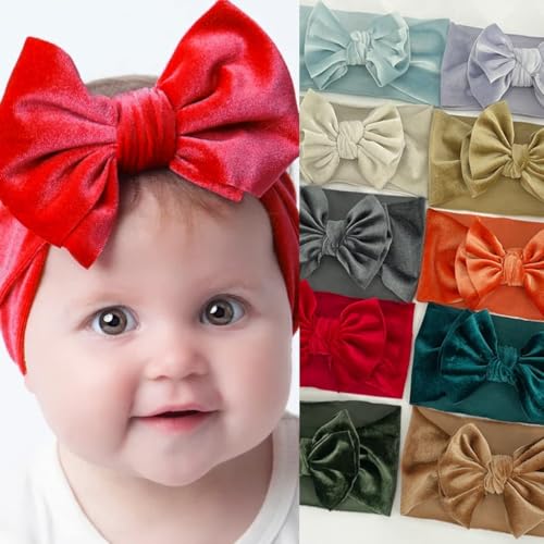 Baby Girls Bow Headbands, Stretchy Velvet Hair Bows Headbands Solid Color Wide Turban Knotted Big Bow Elastic Hairbands Headwraps Hair Accessories (Green, One Size)3