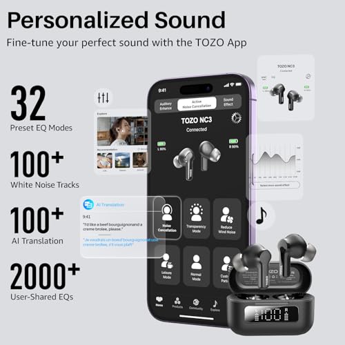 Image of TOZO Hybrid Active Noise Cancelling Wireless Earbuds 6 Mics AI Clear Call | 68H Playtime LED Display 32 Preset EQs App Bluetooth 5.3 IPX8 Waterproof Ear Buds