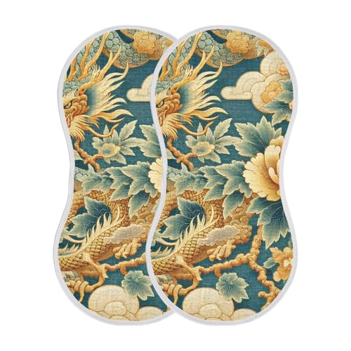 Muslin Burp Cloth for Baby 2PCS Golden Dragon Flying Peony Cloud Super Absorbent Burping Cloths, Bibs for Newborn Boys Girls