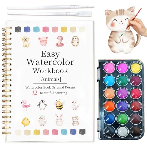 Easy Watercolor Workbook for Beginners - 12 Beautiful Step-by-Step Paintings Water Coloring Book Includes 18 Water Colors Relaxing Art Projects and Creative Gift for Adults & Teen (Animals)