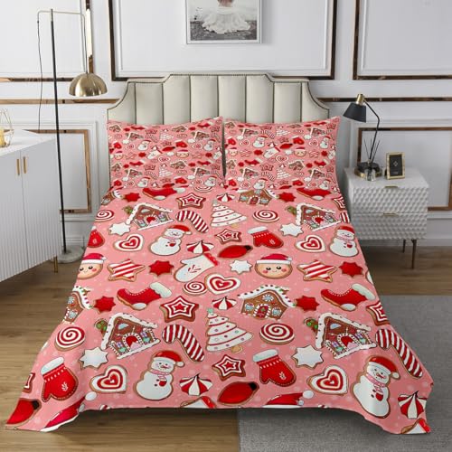 Homewish Christmas Bedding Set Queen Size Cartoon Gingerbread Santa Claus Bedspread 3pcs for Kids Teens Boys Bedroom Decor Cute Snowman Christmas Tree Comforter Set Pink Red Quilt Set,2 Pillowcases