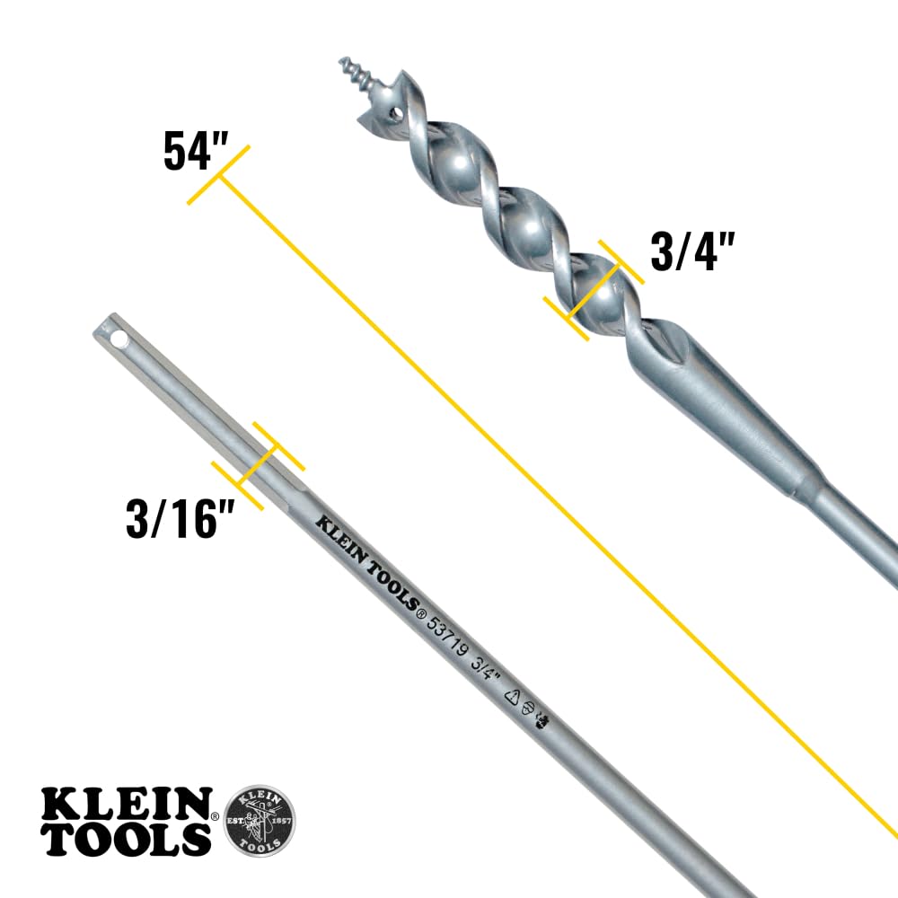 Klein Tools 53719 Flex Bit Auger, 3/4-Inch x 54-Inch Flexible Drill Bit for Pulling Wire Behind Walls