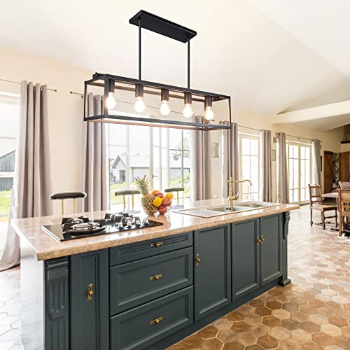 Depuley 5-Light Farmhouse Linear Light Fixture Chandelier, Vintage Island Light Fixtures, Rectangular Metal Cage Table Pendant Lighting For Dining Room, Kitchen, Breakfast Bar, 5×E26 Bulbs Included #TOP5