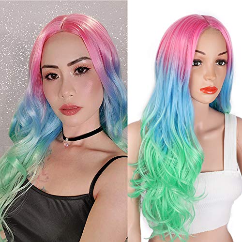 AISI BEAUTY Ombre Colorful Long Wavy Wig Synthetic Curly Wave Wigs for Women Costume Middle Part Full Wigs for Halloween Cosplay(Pink Blue to Green)