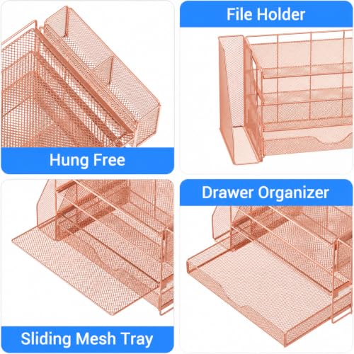 Image of OPNICE Desk Organizers and Accessories, 4-Tier Desktop File Organizer with Drawer and Pen Holders, Office Desk Accessories Workspace Organizers for Office Supplies (Rose Gold)