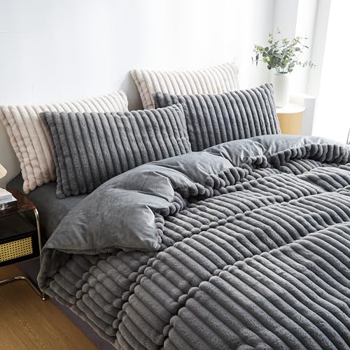 Image of Fluffy Duvet Cover Queen Size Ultra Soft Faux Fur Bedding Set Grey Winter Warm Vertical Striped Comforter Cover Set 3 Pcs Warm Fuzzy Bed Sets Luxury Plush Bed Sets with 2 Pillow Shams