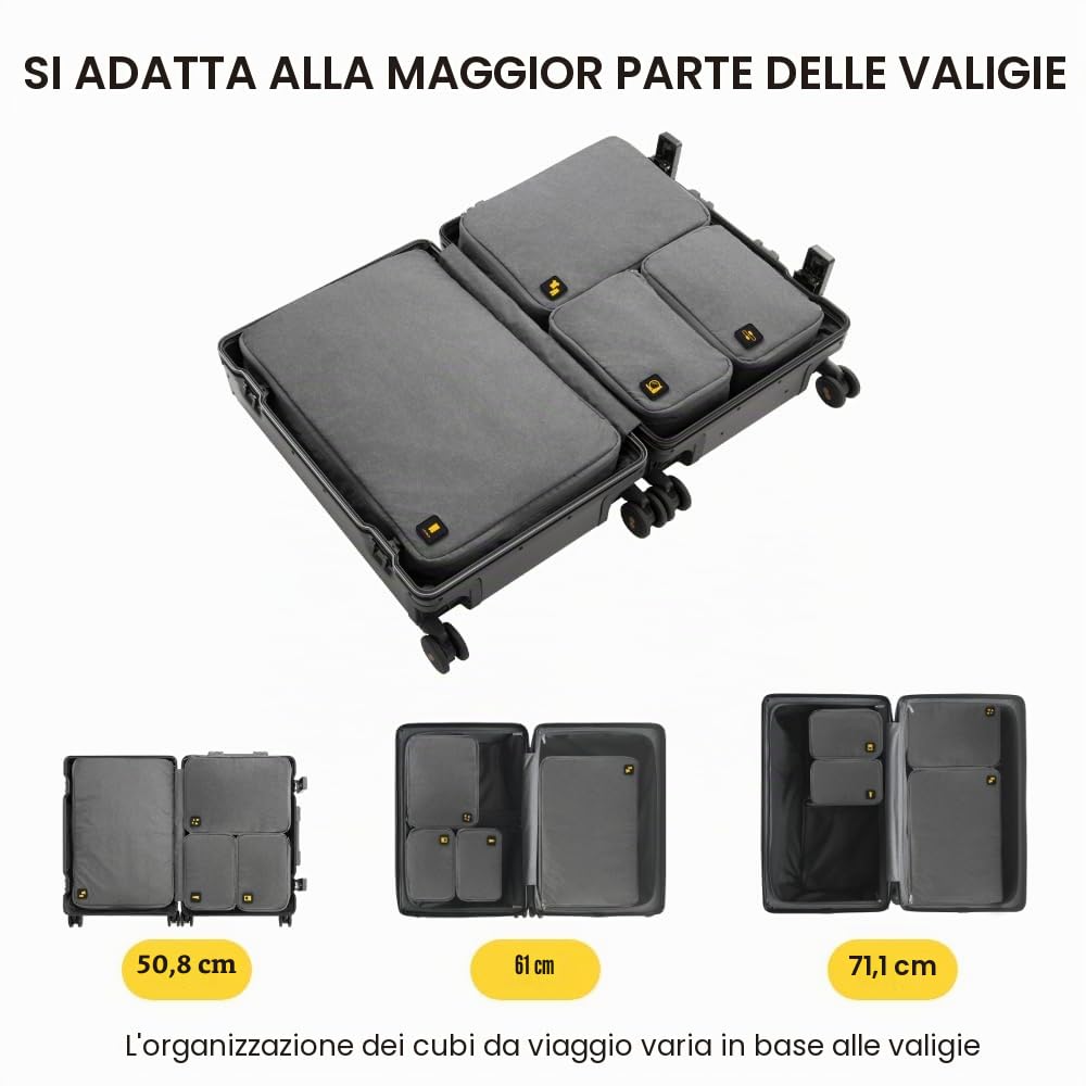 LEVEL8 Set di 4 Organizer Valigie Viaggio, Cubi Organizzatori di Imballaggio, Essential, Impermeabili Accessori per i Vestiti, Cosmetici, Scarpe, Intimo (Grigio)