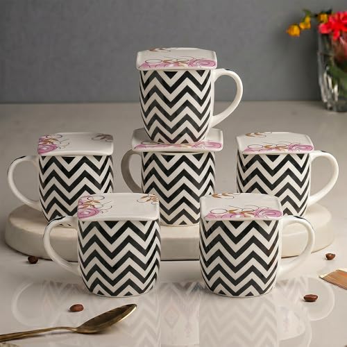 Image of U.P.C. Premium Bone China Ceramic Coffee Mug Set of 6 with 6 Coasters | Designer Tea & Coffee Cups |Printed Ceramic Mug Set | Tea Cups for Home,Office.
