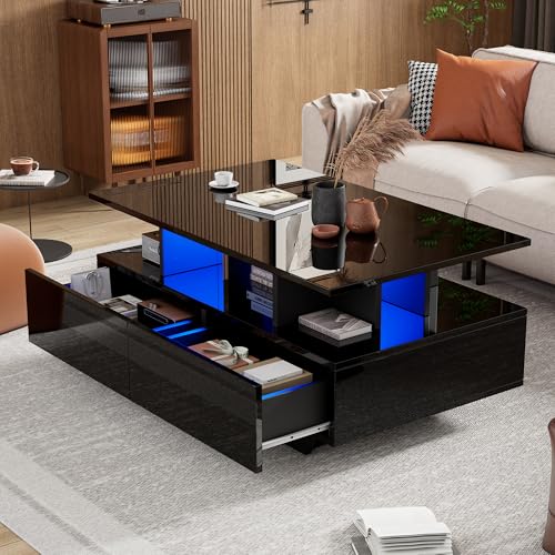 BTM Table Basse Moderne LED Réglable, 2 Tiroirs et Rangements Ouverts, Table d'appoint Coffee Table de Salon, Charge 30kg, 90x55x41cm, Noir Brillante