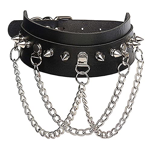 Olbye Black Leather Choker Necklace - Circle Short Necklace With Rivet Studded Spike, Adjustable Punk Design, Gothic Style for Women