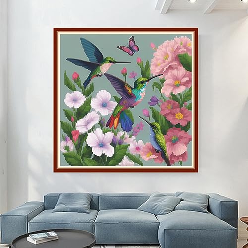 Image of Dimensean Stamped Cross Stitch Kits Full Range of Embroidery Patterns Starter Kits for Beginners Adult DIY Cross Stitches Needlepoint Kits 11CT-Hummingbirds Gather Honey 17.7x17.7 inch