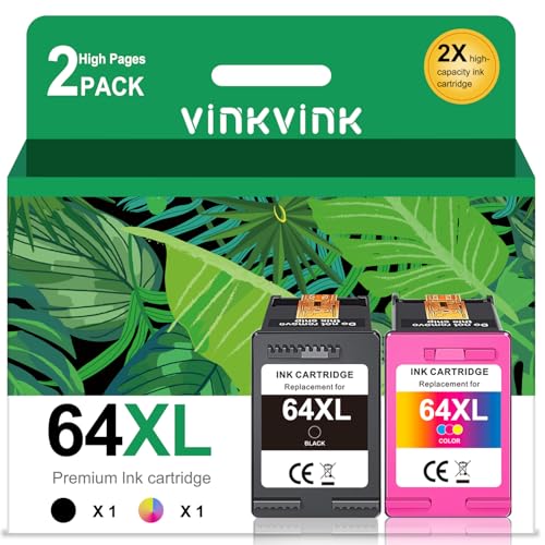 64XL Ink Cartridge Combo Pack Replacement for HP 64XL 64XXL Ink Black and Color Work for Envy Photo 6220 7120 7155 7164 7858 7800 7255e Tango X Smart All-in-One printer (1 Black, 1 Tri-Color)
