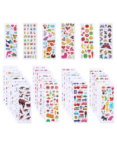 36 feuilles de autocollant enfant, stickers 3d avec + de 850 motifs colorés – gommettes enfant avec animaux, fruits, chiffres, lettres, voitures, dinosaures...