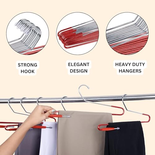 Image of ROLLYWARE Stainless Steel Saree Hangers with Lower Band Lock Hanger for Saree Hanging for Wardrobe(Red and Silver) - Pack of 10