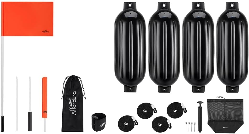 Affordura Boat Fender 8.5inch 4 Pack with 4 Ropes and Boat Water Ski Flag Bundle