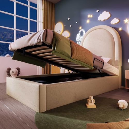 YEHTOKHOME Lit capitonné de Rangement hydraulique,Tête avec Arc en Demi-Cercle,PU rembourré Simple lit d'enfant avec sommier à Lattes(sans Matelas) (Beige,...