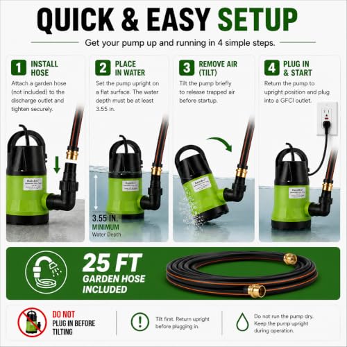 Image of Sump Pump, Submersible Water Pump With 25Ft. Garden Hose