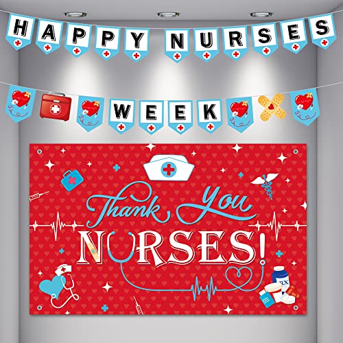 Nurses Week Decorations HAPPY NURSES WEEK Banner & Thank You Nurses Hanging Backpack Nurses Week Appreciation RN Graduation Banner Nurses Decor for Nurse Graduation Party Photo Supplies