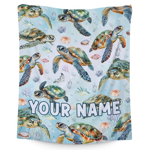 Custom Turtle Blanket with Name for Women, Cute Soft Gifts for Ocean Lovers, Cozy Flannel Throw for Bed Living Room, 60"x80"