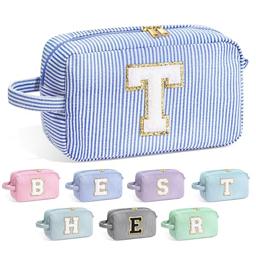 Image of YOOLIFE Teacher Appreciation Gifts for Women - Initial Makeup Bag Letter Toiletry Pouch Cosmetic Case, Personalized Birthday Gifts for Women Girls Mom Daughter Sister Friends, Blue T