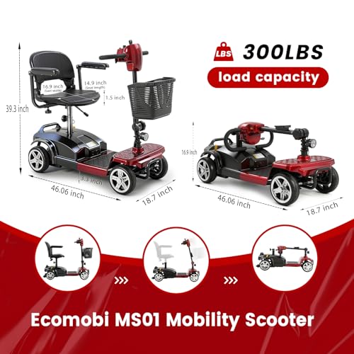 Ecomobi 4-Wheel Mobility Scooter for Adults & Seniors, 350W Electric Powered, 15-45 Mile Range with Removable Battery, 8/9" Tires, Rear Tail Lights, Baskets, Compact Mobility Scooter for Elderly - Thumbnail 2
