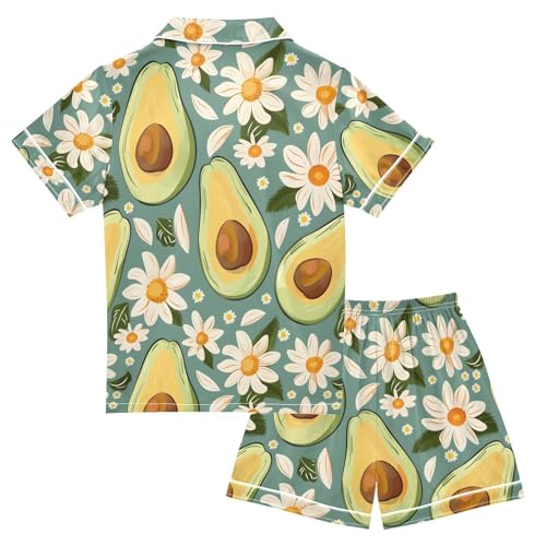 ALAZA Avocado Daisy Flower Fruit Pajamas Satin Pajama Set Short Sleeve Button Down Sleepwear2