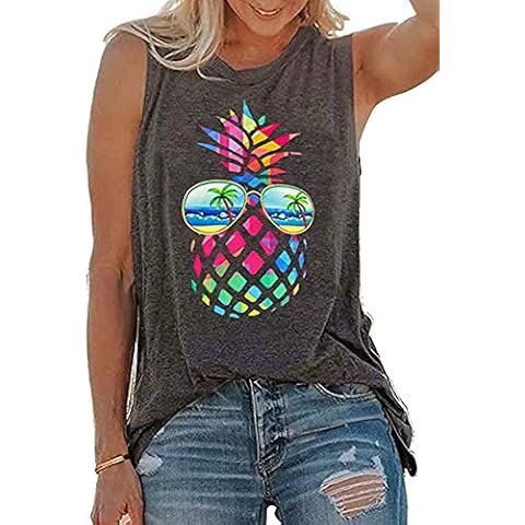 rosemia Tank Tops for Women Summer Graphic Pineapple Tshirts Sleeveless Casual Ladies Tunic Blouse(Pineapple Dark Grey, L) Cover