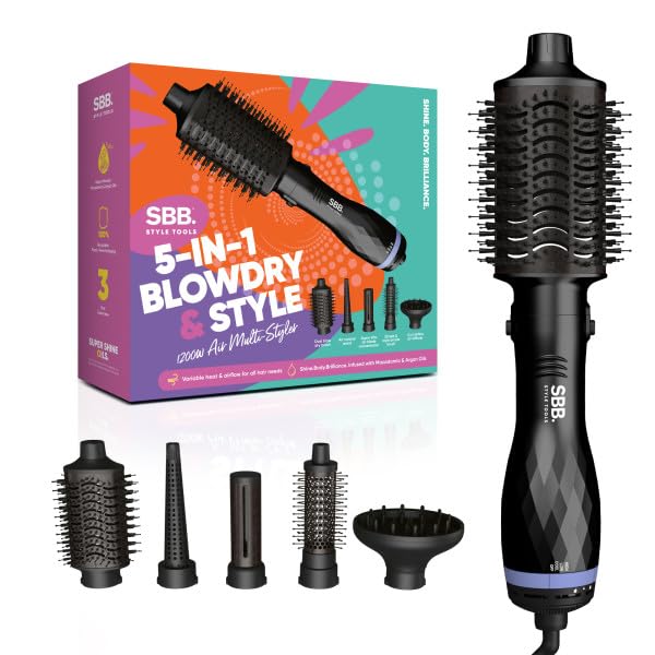 SBB 5 en 1 Secador y Estilizador de Aire Caliente - Cepillo de Estilo de 1200W, Cepillo para Secado, Varita de Aire, Cepillo para Dar Forma y Estilo - Estilizador y Secador Multiusos