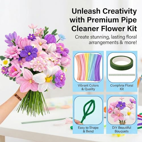 Image of Asian Hobby Crafts 100 Pcs Pastel Multicolor Pipe Cleaners for Craft Flowers With Floral Green Tape & Wire - Fuzzy Chenille Stems & Fluffy Sticks for DIY Arts & Crafts, Creative School Projects & Craft Supplies, Home & Party Decor
