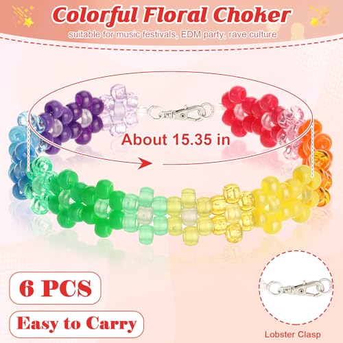 3/6 PCS Colorful Flower Beaded Choker Rave Kandi Necklace Glow In The Dark Y2K Necklace Plastic Rainbow Daisy Choker with Lobster Clasp EDM Party Favor for Women Girls Music Festival Costume Party2