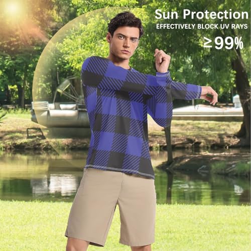 Black Blue Plaid Men's Rash Guard Loose Crew Neck Elasticity Long Sleeve Sun Protection UPF 50+ Hiking4