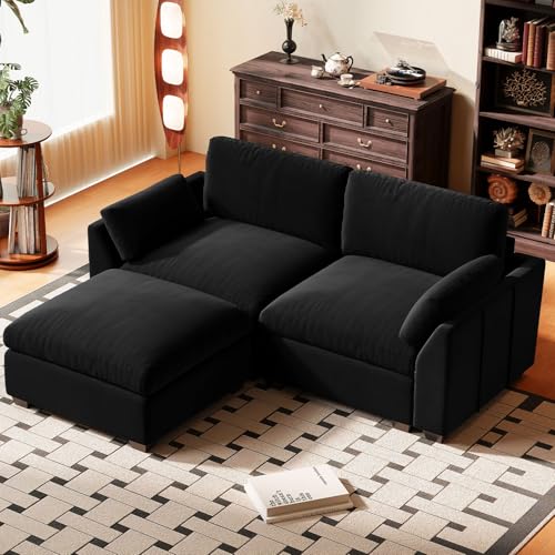 Belffin Extra Large 3 Seat Solid Wood Frame Modular Sectional Sofa,L-Shaped Velvet Cloud Sectional Couches for Living Room,Tool-Free Assembly,Black Bl
