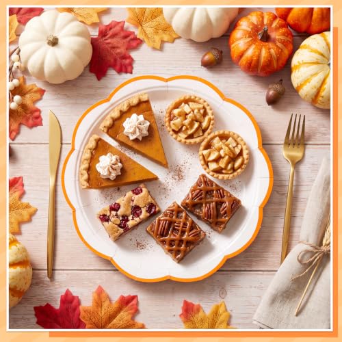 Image of 30 Pcs Orange and White Paper Plates 9 In Scalloped Fall Plates Disposable | White Plate with Orange Trim Thanksgiving Plate for Baby Shower, Wedding, Bridal Shower, Birthday, Picnic