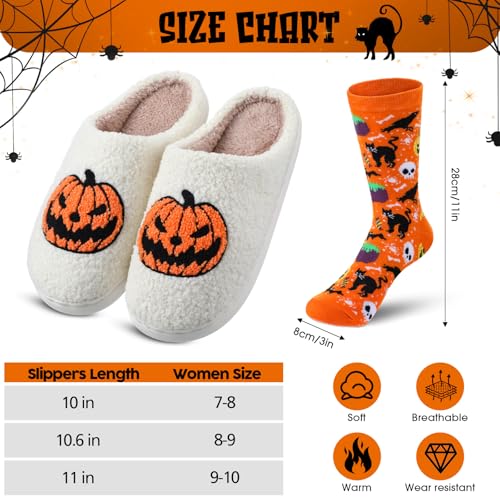 Geyoga Halloween Slippers and Socks for Womens Mens Plush Warm Non-slip Slippers Pumpkin Skeleton Ghost Socks(7-8,Pumpkin)2
