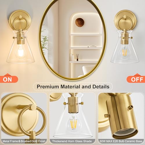 Image of Gold Wall Sconces Set of 2 Vanity Light Fixture for Bathroom | Wall Mount Lighting Lamp, Farmhouse Wall Lights 6'' Clear Glass Shade, Hardwired for Bedroom Living Room Mirror