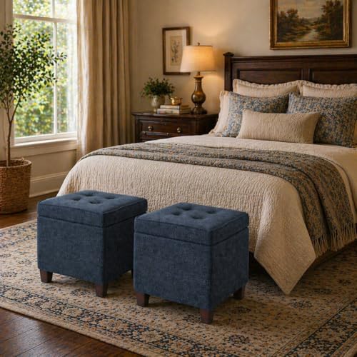 Image of HomePop Square Tufted Storage Ottoman - Textured Navy, Small