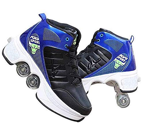 Double-Row Deform Wheel Automatic Walking Shoes Invisible Deformation Roller Skate 2 in 1 Removable Pulley Skates Skating Rollerskates Outdoor Parkour Shoes with Wheels for Girls Boys