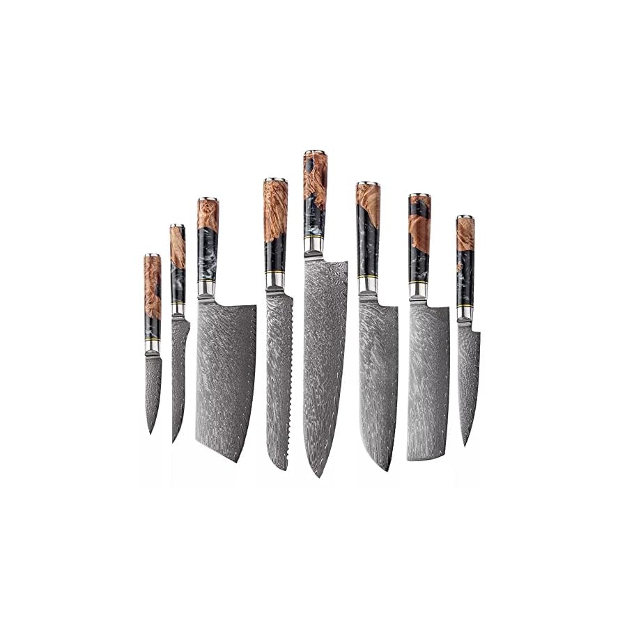 The-Epicurean-Cook-Tidal-Collection-kitchen-knife-set-with-Burl-Wood-Resin-Handles-Black-Resin-Handle-This-8-pc-damascus-chef-knife-set-are-ideal-kitchen-knives-set-for-the-kitchen epicurean cook tidal collection