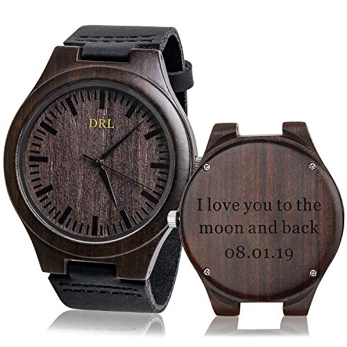 Personalized Wood Watches - Engraved Wood Men Watch Black Leather Band Boyfriend Husband Christmas Gifts
