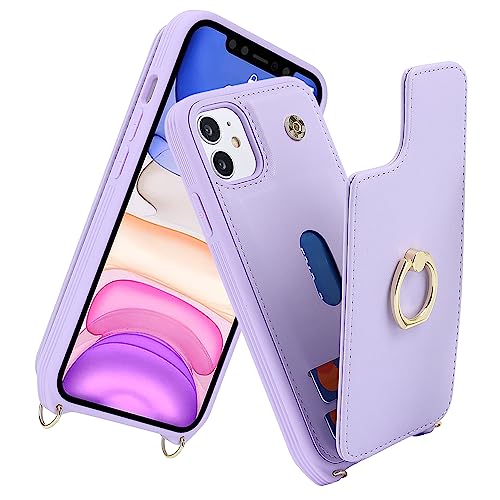 Image of for iPhone 11 Phone Case with Card Holder and Strap for Women,Crossbody Lanyard,RFID Blocking,Kickstand Ring Stand,Snap Clasp,Phone Wallet Cases 6.1 inch(Purple)