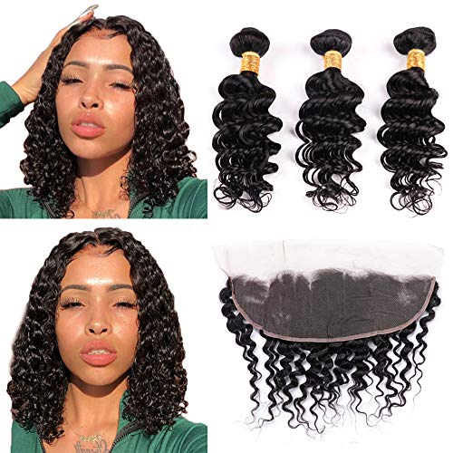 YMHPRIDE Deep Wave Hair Bundles with Closure (8 10 12+8 Closure)100% Brazilian Deep Wave Human Hair Bundles with 13X4 Lace Closure Deep Weave Virgin Hair Bundles Natural Black