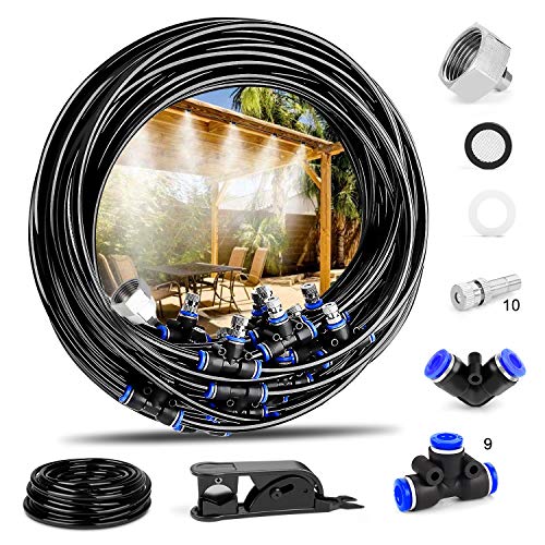 Tikola Sistema de Enfriamiento por nebulización 32.8FT/10M para trampolín, riego por bricolaje, piscina de invernadero, jardín, 10 boquillas de niebla de metal de cobre, adaptador de 3/4
