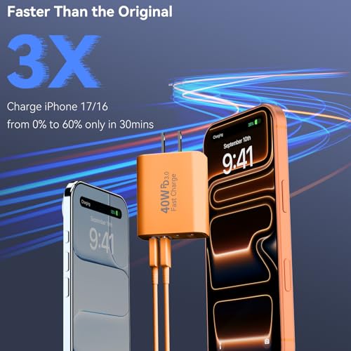 Image of USB C Wall Fast Charger Block, 40W 4-Port Type C Charger Fast Charging Blocks +QC 3.0 USB C Multiport Charger Brick for Phone 17 /16 /15 /14 /13 /12 Pro Max, Pad, Cosmic Orange