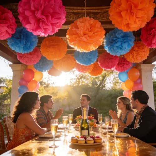 Image of Rose Red Orange Blue Red Paper Pom Poms for Mexican Birthday Cinco De Mayo Party Decoration - Ceiling Wall Hanging Tissue Flowers for Mexican Theme Fiesta Cinco De Mayo