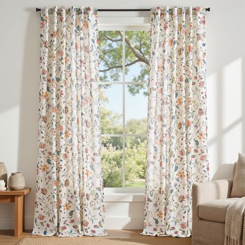 Image of jinchan Beige Floral Linen Curtains 108 Inch Vintage Back Tab 2 Panels | Farmhouse, cottage core, light filtering, semi sheer, privacy, living room, bedroom, flower, rod pocket, window treatment