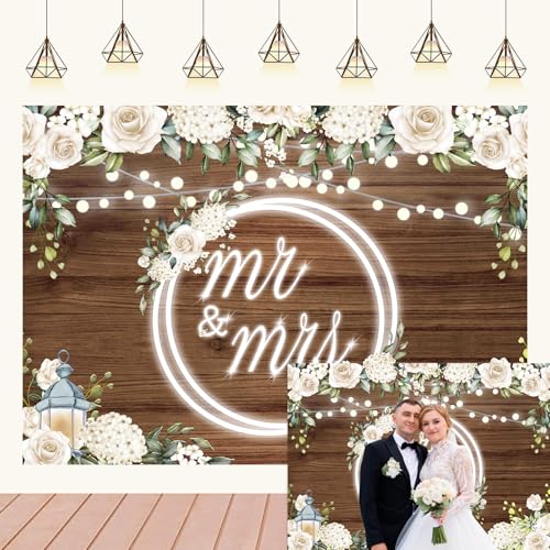 Mr and Mrs Wedding Backdrop Banner White Rose Floral Wooden Wall...
