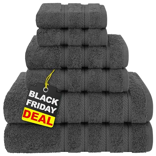 American Soft Linen Luxury 6 Piece Towel Set, 2 Bath Towels 2 Hand Towel 2 Washcloths, 600 GSM 100% Cotton Turkish Towels for Bathroom, Dark Gray Towel Sets